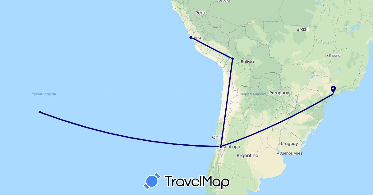 TravelMap itinerary: driving in Bolivia, Brazil, Chile, Peru (South America)